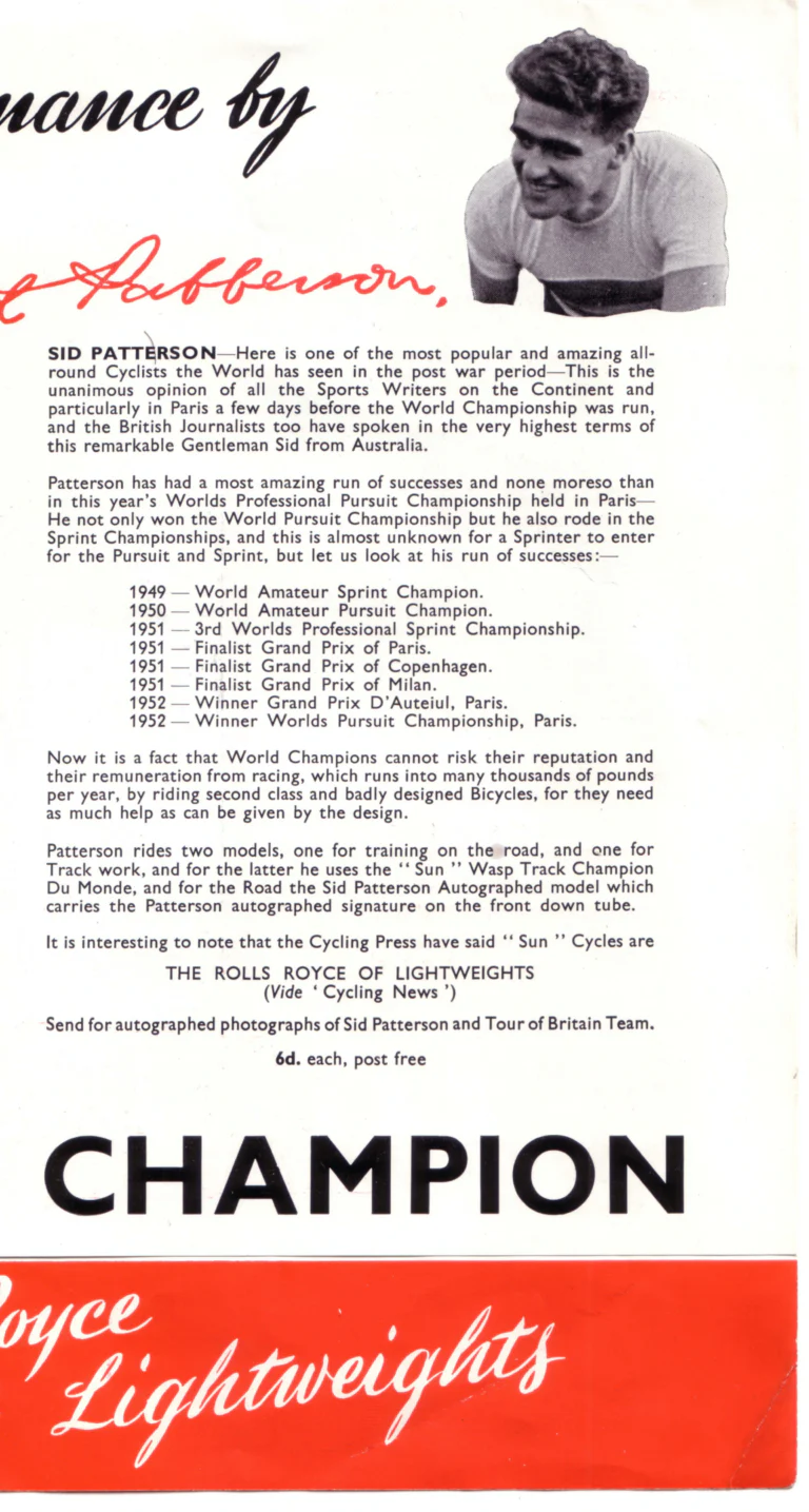 Sun 1952 Catalog — Tour of Britain Successes: the Sun Wasp, the Sid Patterson, the Manxman-Benelux 4, the Soleil d'Or and the C.T.C. Tandem — page 3 of 7