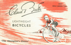 Front cover of the 1953 Claud Butler catalog, Silver Jubilee Year: a red and black drawing of a racing cyclist in a cap leaning low over a lightweight against sweeping red brush strokes, with the script Claud Butler name at upper left.