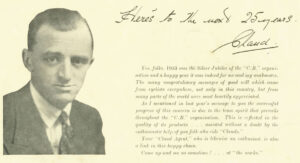 Page of the 1954 Claud Butler catalog, the foreword: a head-and-shoulders photograph of a man in jacket and tie beside a reproduced handwritten toast, "Here's to the next 25 years", signed Claud, above a short message to riders.
