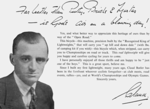 Page of the Claud Butler catalog of about 1955, the foreword: a head-and-shoulders photograph of a man in a dark suit and tie beside a reproduced handwritten line, "Far better than Putty, Bricks & Mortar", and a letter signed Claud.