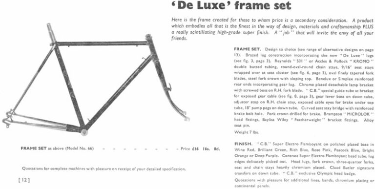 Claud Butler Catalog of about 1955 (Nine Pages) — The De Luxe Frame Set, the Sprints, the Saxon T.T. and the Tandem — page 6 of 9
