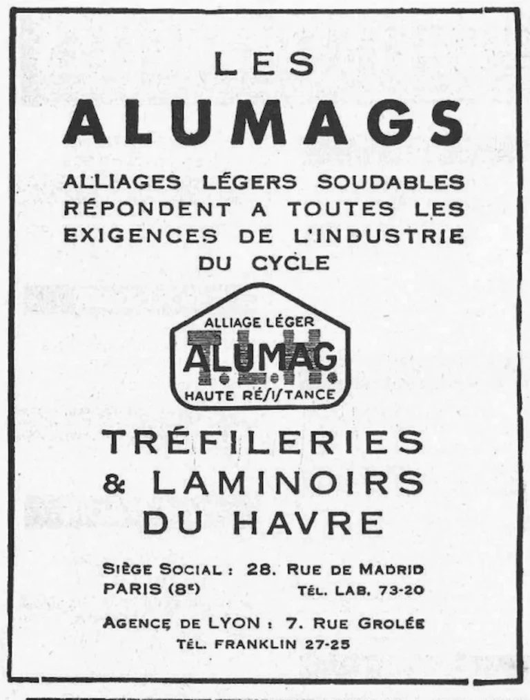 Alumag 1955 Advertisement — Weldable Light Alloys for the Cycle Industry — page 1 of 1