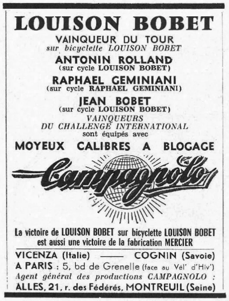 A French magazine advertisement with the Campagnolo script over a sunburst globe, naming Louison Bobet as winner of the Tour de France and three other riders as equipped with Campagnolo calibrated quick-release hubs.