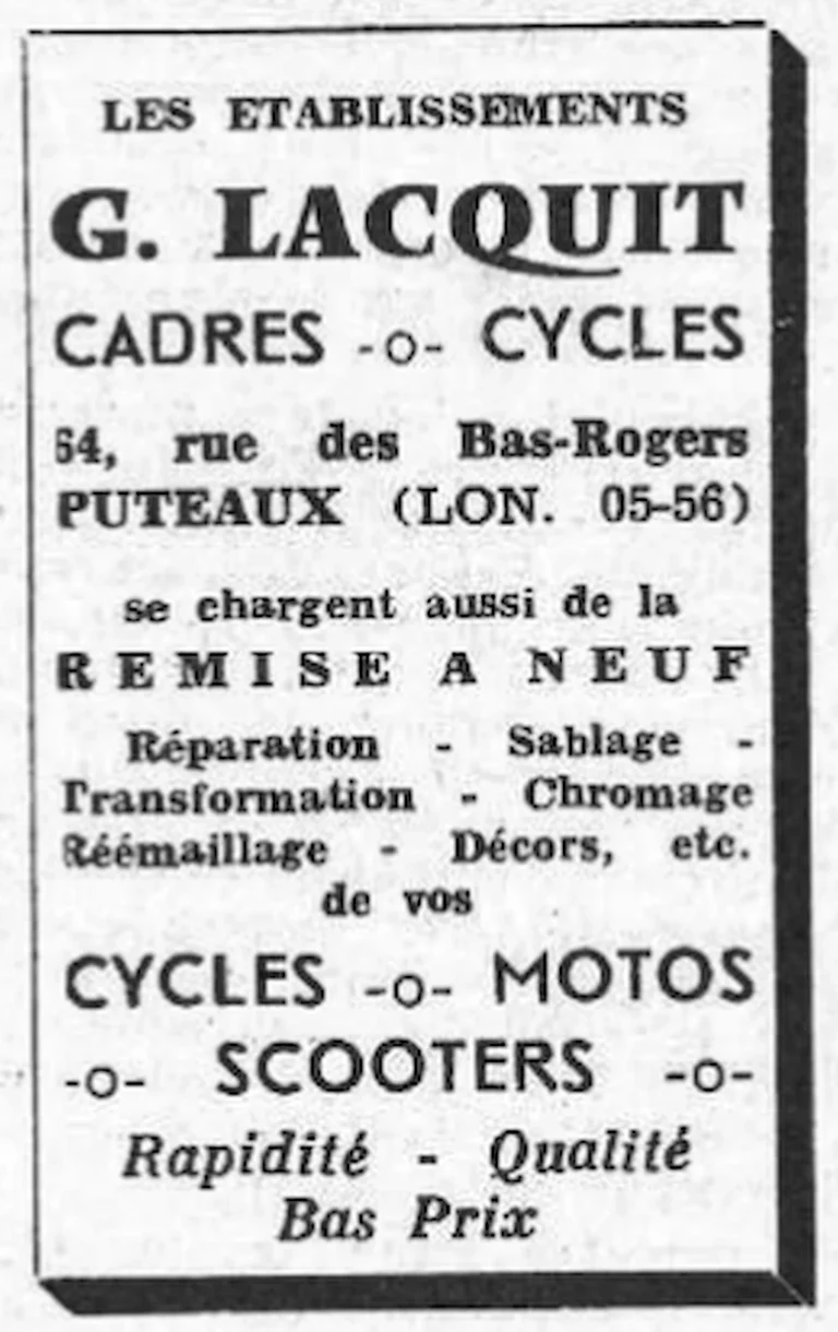 Lacquit 1955 Advertisement — Frames, Cycles and Refinishing — page 1 of 1