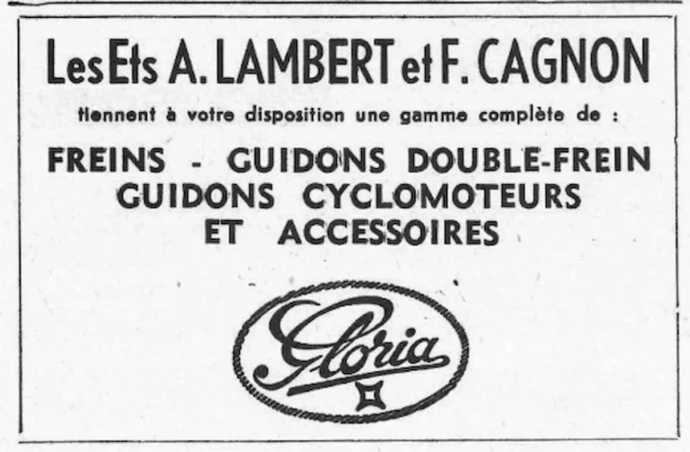 Lambert et Cagnon 1955 Advertisement — Gloria Brakes and Handlebars — page 1 of 1