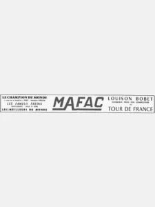 Mafac advertisement from Le Cycle, 13 August 1955: a band across the foot of the center spread, "Les fameux freins" of the world champion and three-time Tour winner Louison Bobet.