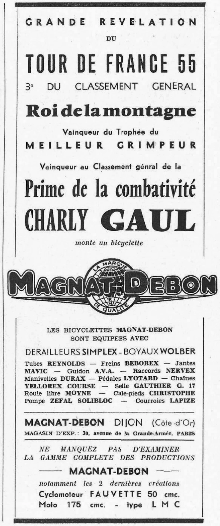 Magnat-Debon 1955 Advertisement — Charly Gaul, King of the Mountains — page 1 of 1