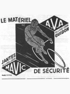 Mavic advertisement from Le Cycle, 13 August 1955: a racing cyclist on a black field between the A.V.A. and Mavic diamonds, A.V.A. bars and Mavic light-alloy safety rims.
