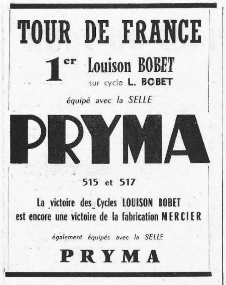 Pryma 1955 Advertisement — The 515 and 517 Saddles of Louison Bobet — page 1 of 1