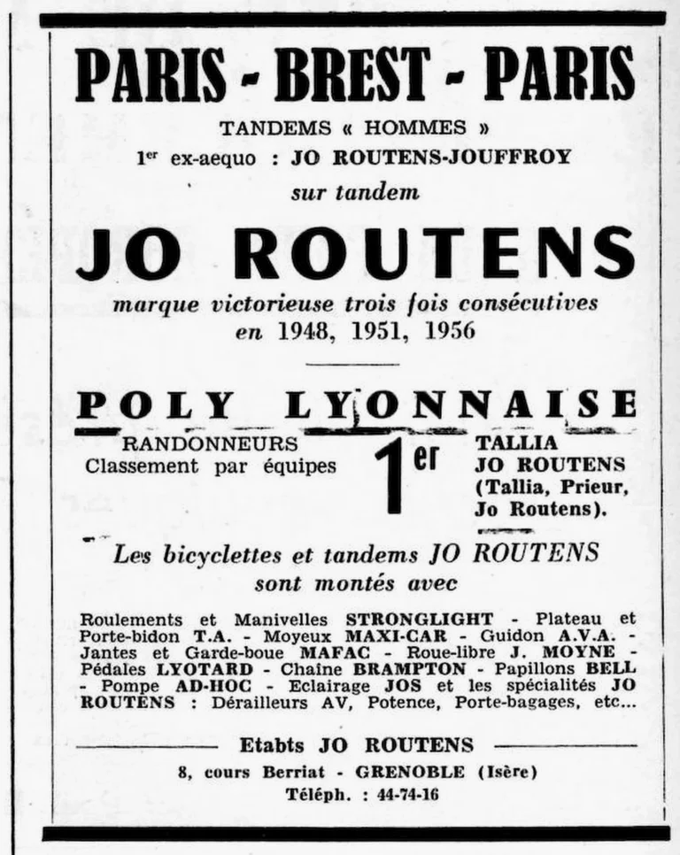 Jo Routens 1956 Advertisement — Paris-Brest-Paris and the Poly Lyonnaise — page 1 of 1
