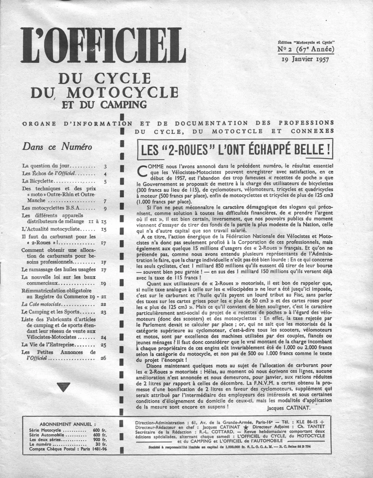 Les « 2-Roues » l'ont échappé belle ! — L'Officiel du cycle, 19 January 1957, by Jacques Catinat — page 1 of 1