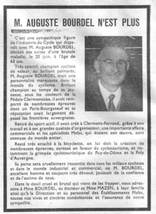 The obituary of Auguste Bourdel in a black-ruled frame with his photograph, from L'Officiel du cycle, 6 July 1957, page 4.
