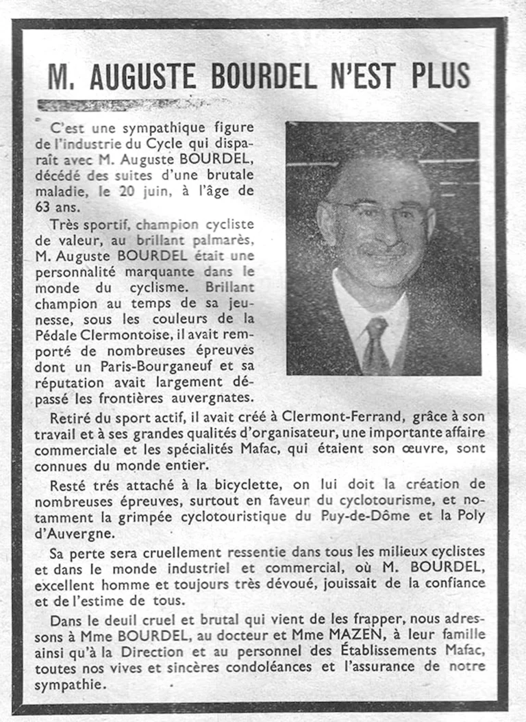 M. Auguste Bourdel n'est plus — L'Officiel du cycle, 6 July 1957 — page 1 of 1