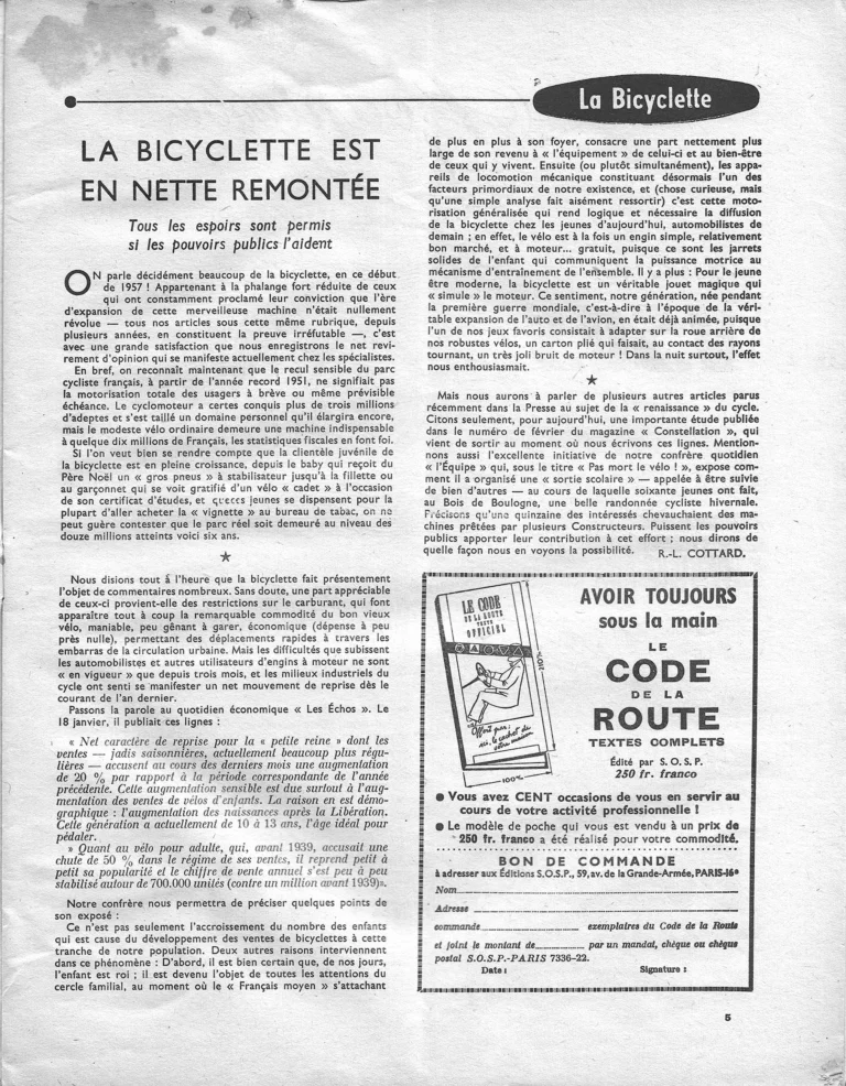 La Bicyclette est en nette remontée — L'Officiel du cycle, 2 February 1957, by R.-L. Cottard — page 1 of 1