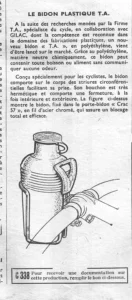 A drawing of the T.A. plastic water bottle in a wire cage on a handlebar, from L'Officiel du cycle, 13 April 1957, page 17.