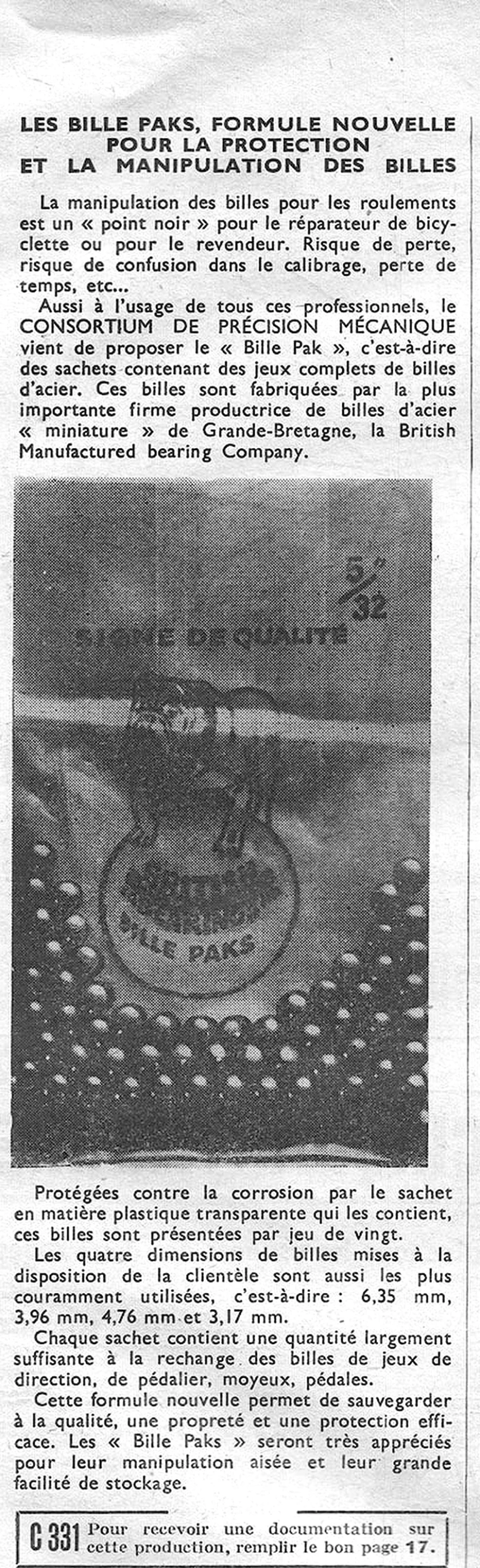 Les Bille Paks, formule nouvelle pour la protection et la manipulation des billes — L'Officiel du cycle, 30 March 1957 — page 1 of 1