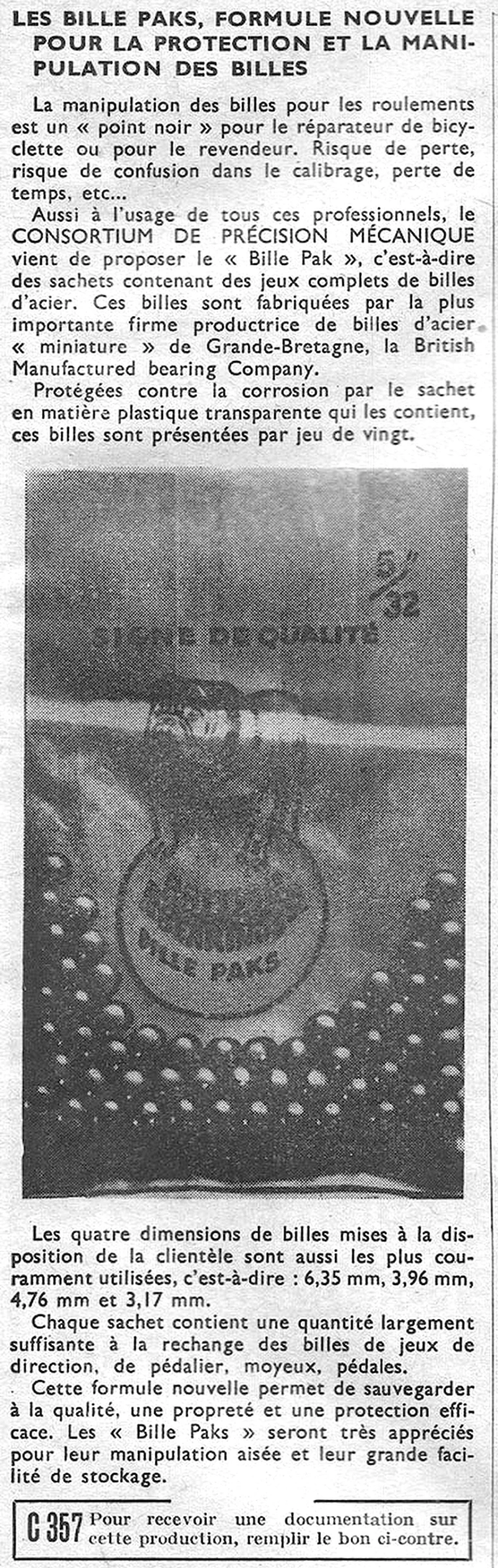 Les Bille Paks, formule nouvelle pour la protection et la manipulation des billes — L'Officiel du cycle, 6 July 1957 — page 1 of 1