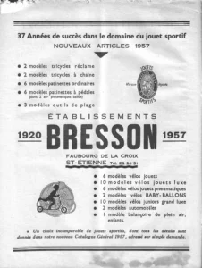 Bresson advertisement from L'Officiel du cycle, 6 July 1957, page 14: a full page of type between triple rules lists the firm's 1957 range of tricycles, scooters, toy bicycles, toy cars and a swing in two bulleted columns, with the large BRESSON name flanked by the dates 1920 and 1957 at the center.