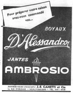 Canetti advertisement from L'Officiel du cycle, 30 March 1957, page 10: White lettering on a solid black panel names D'Alessandro tubular tires in a large shaded script with a long underscoring tail and Ambrosio rims in wide capitals, with a drawn flaming torch whose shaft runs down through the Ambrosio name.