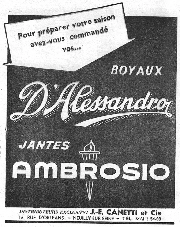 Canetti March 1957 Advertisement — D'Alessandro Tubulars and Ambrosio Rims — page 1 of 1