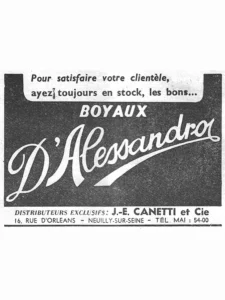 Canetti advertisement from L'Officiel du cycle, 8 June 1957, page 32: the D'Alessandro name sweeps across a solid black panel in a large white script with a long underscoring tail, beneath the word BOYAUX in white capitals.