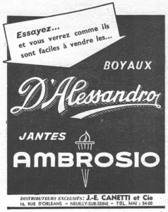 Canetti advertisement from L'Officiel du cycle, 13 April 1957, page 32: White lettering on a solid black panel names D'Alessandro tubular tires in a large shaded script and Ambrosio rims in wide capitals, with a drawn flaming torch whose shaft runs down through the Ambrosio name.