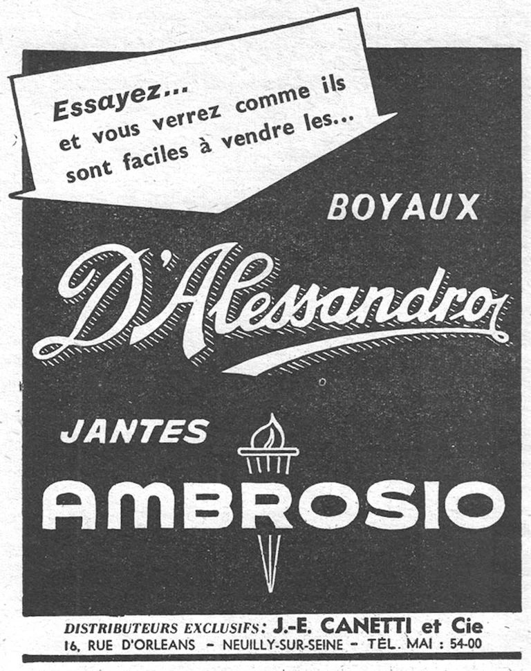 Canetti 1957 Advertisement — D'Alessandro Tubulars and Ambrosio Rims — page 1 of 1
