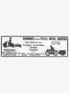 Choillot advertisement from L'Officiel du cycle, 19 January 1957, page 19: two silhouettes show the firm's trailers in use: on the left a woman riding a scooter tows a small streamlined trailer, and on the right a man on a motorcycle tows a flat-bed trailer with a rail around its load.