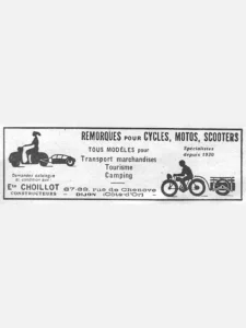 Choillot advertisement from L'Officiel du cycle, 16 February 1957, page 20: two silhouettes show trailers in use: at the left a woman riding a scooter tows a small streamlined trailer, and at the right a man on a motorcycle tows a flat-bed trailer with a rail around its load.