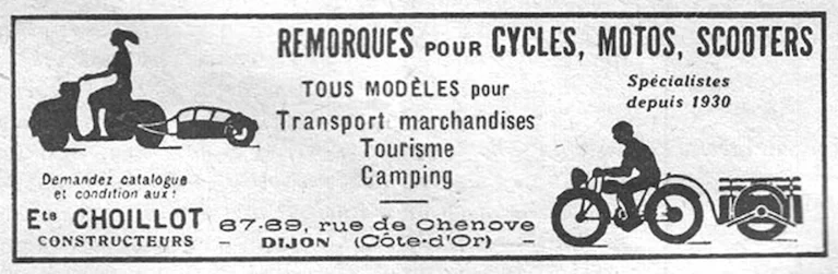 Choillot February 1957 Advertisement — Trailers for Cycles, Motorcycles and Scooters — page 1 of 1
