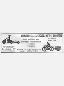 Choillot advertisement from L'Officiel du cycle, 2 February 1957, page 20: two silhouettes show trailers in use: at the left a woman riding a scooter tows a small streamlined trailer, and at the right a man on a motorcycle tows a flat-bed trailer with a rail around its load.