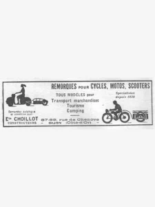Choillot advertisement from L'Officiel du cycle, 30 March 1957, page 28: two silhouettes show the firm's trailers in use: on the left a woman riding a scooter tows a small streamlined trailer, and on the right a man on a motorcycle tows a flat-bed trailer with a rail around its load.