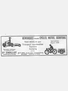 Choillot advertisement from L'Officiel du cycle, 13 April 1957, page 42: two silhouettes show the firm's trailers in use: on the left a woman riding a scooter tows a small streamlined trailer, and on the right a man on a motorcycle tows a flat-bed trailer with a rail around its load.