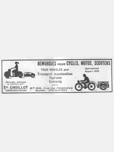 Choillot advertisement from L'Officiel du cycle, 8 June 1957, page 34: two silhouettes show the firm's trailers in use: on the left a woman riding a scooter tows a small streamlined trailer, and on the right a man on a motorcycle tows a flat-bed trailer with a rail around its load.
