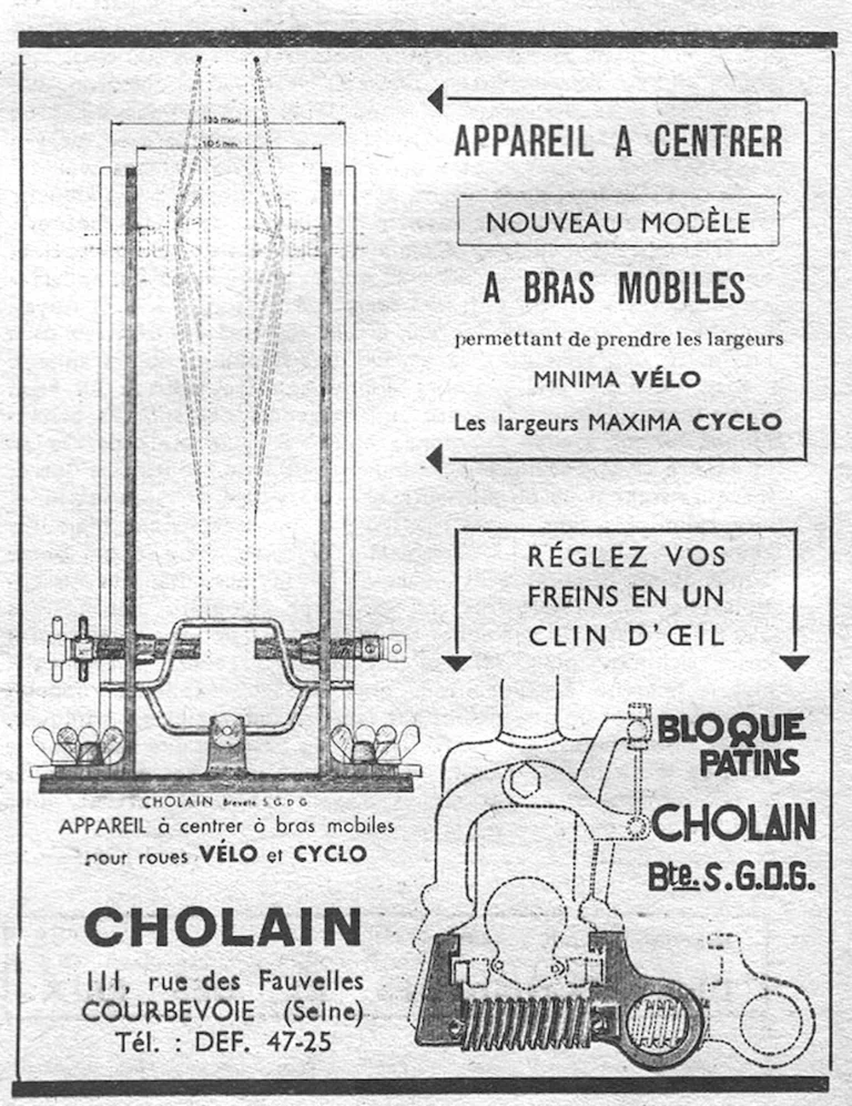 Cholain 1957 Advertisement — The Truing Stand with Movable Arms and the Bloque-Patins — page 1 of 1
