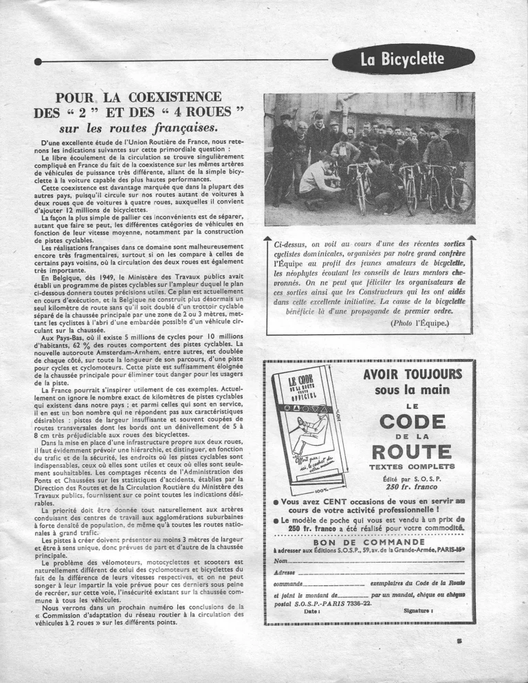 Pour la coexistence des « 2 » et des « 4 roues » sur les routes françaises — L'Officiel du cycle, 16 February 1957 — page 1 of 1