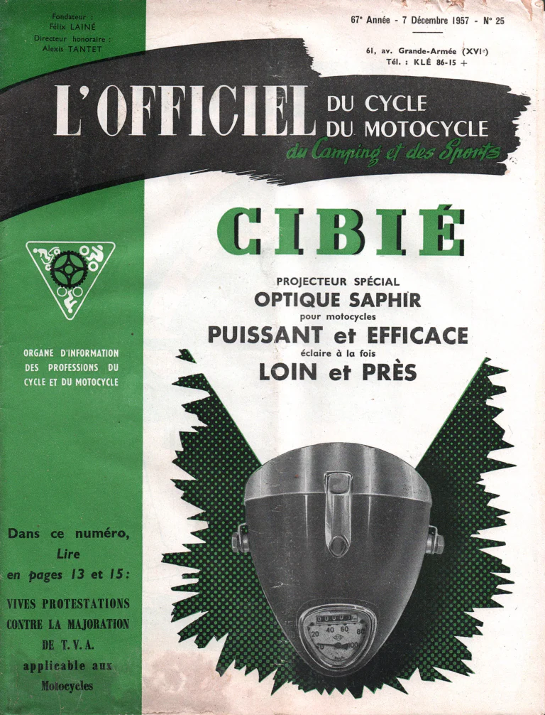 L'Officiel du cycle December 1957 Cover — The Cibié Optique Saphir Headlamp for Motorcycles — page 1 of 1