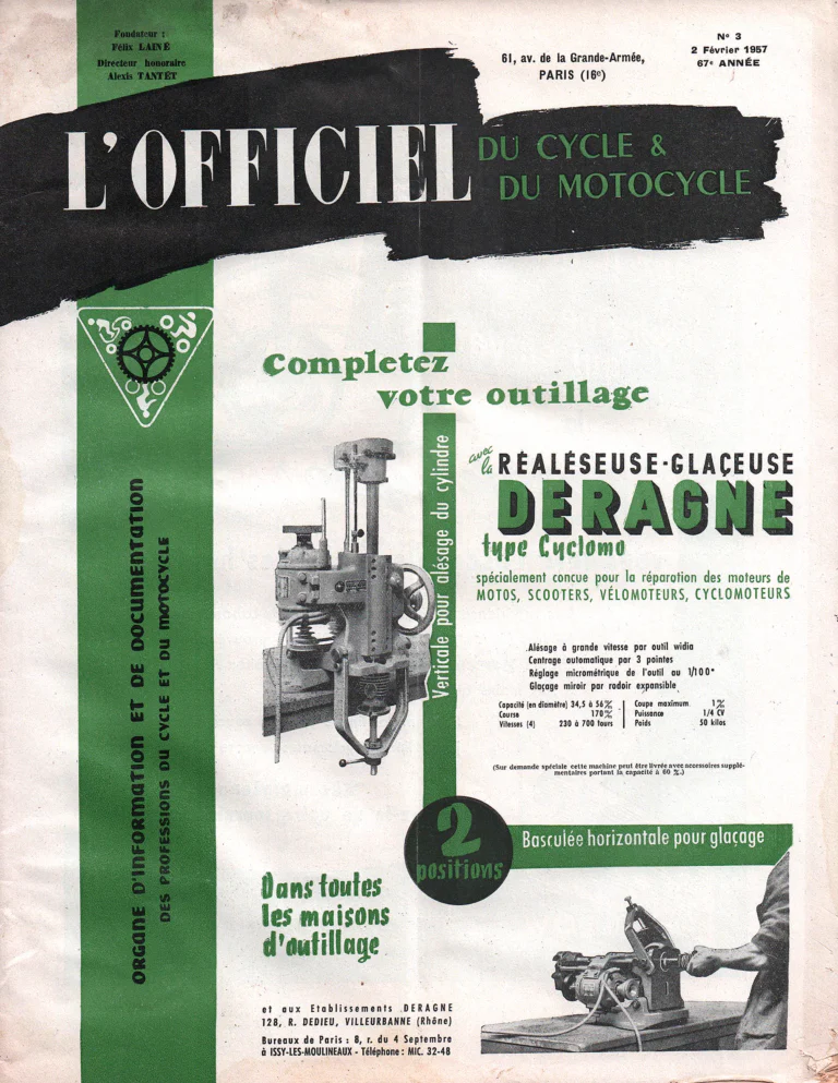 L'Officiel du cycle February 1957 Cover — The Deragne Boring and Glazing Machine — page 1 of 1