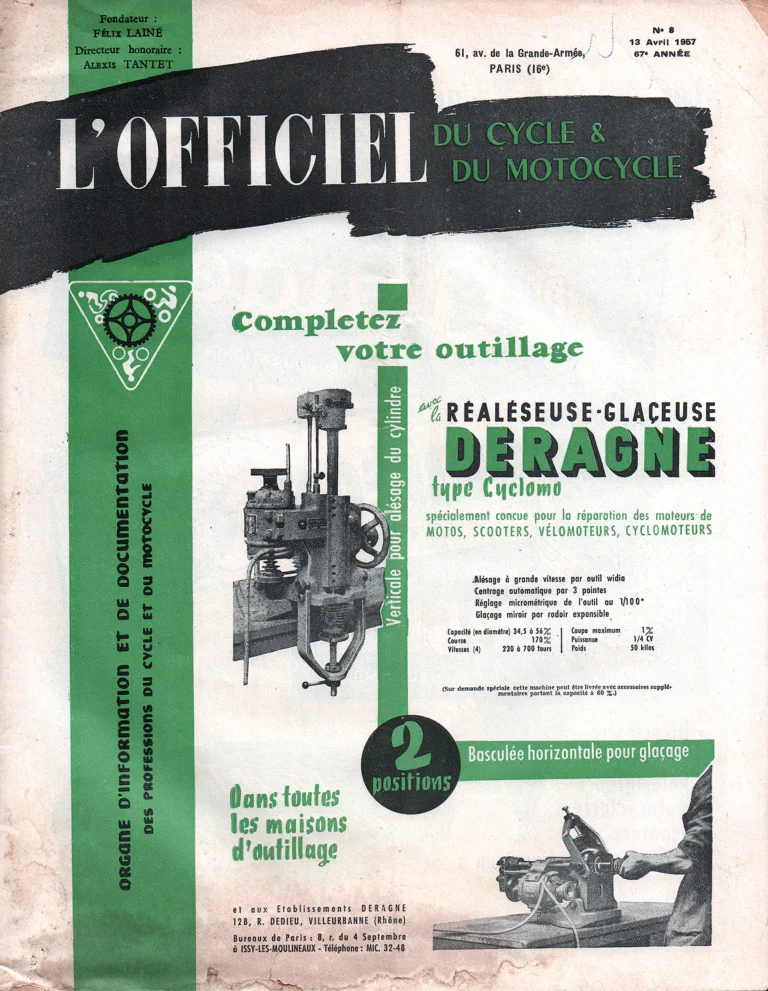 L'Officiel du cycle April 1957 Cover — The Deragne Boring and Glazing Machine — page 1 of 1