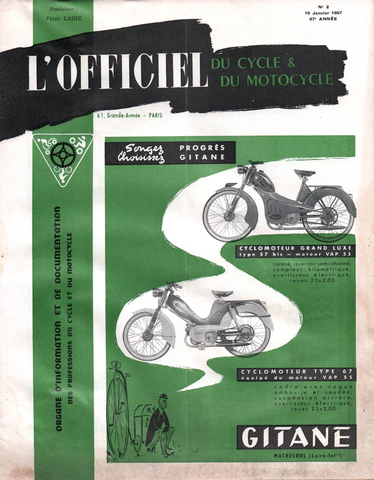 L'Officiel du cycle January 1957 Cover — Progrès Gitane, Two Cyclomoteurs — page 1 of 1