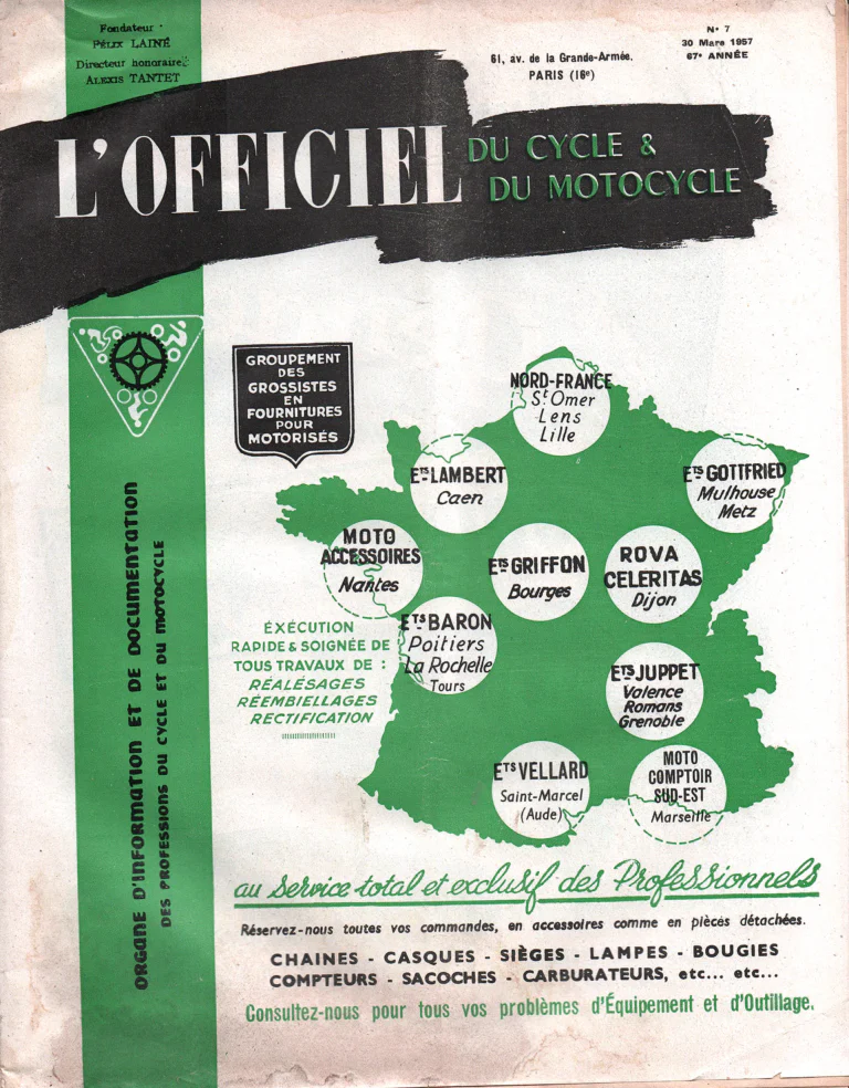 L'Officiel du cycle March 1957 Cover — The Wholesalers' Group for Motorized Supplies, Map of Its Members — page 1 of 1