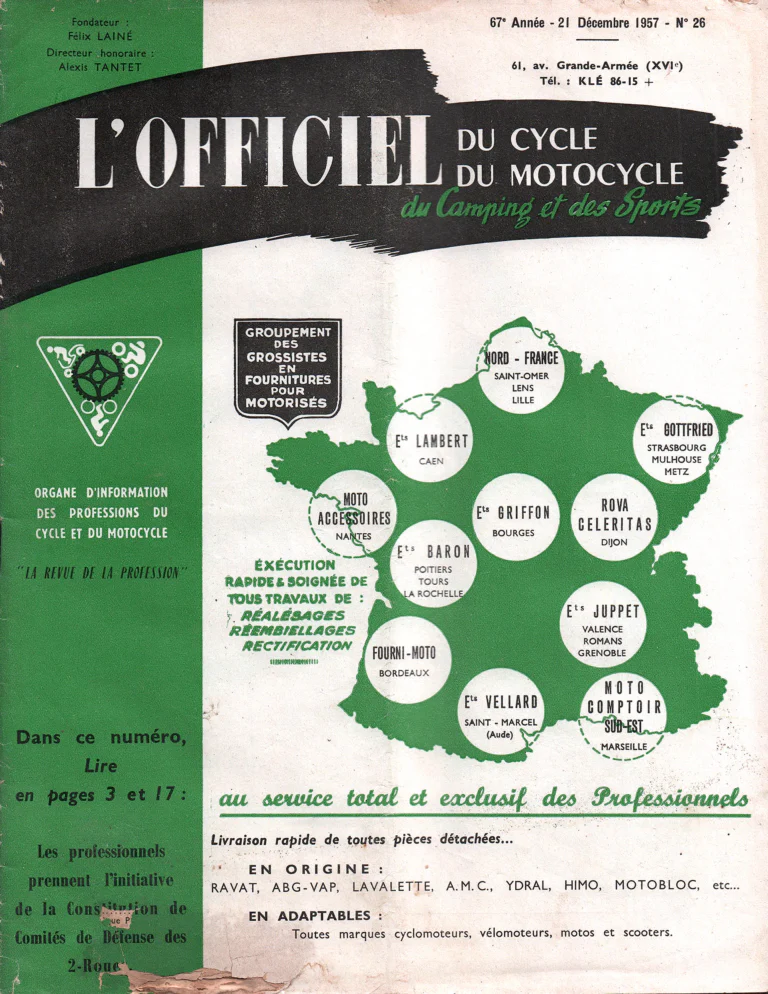 L'Officiel du cycle 21 December 1957 Cover — The Wholesalers' Group for Motorized Supplies, Map of Its Members — page 1 of 1
