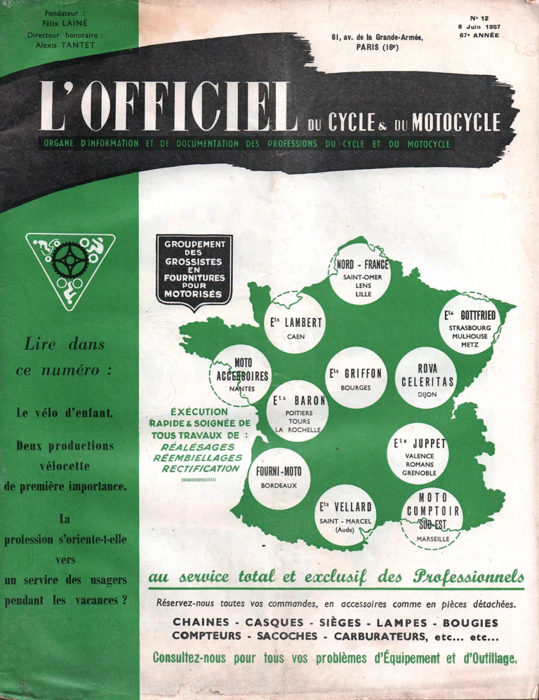 L'Officiel du cycle June 1957 Cover — The Wholesalers' Group for Motorized Supplies, Map of Its Members — page 1 of 1