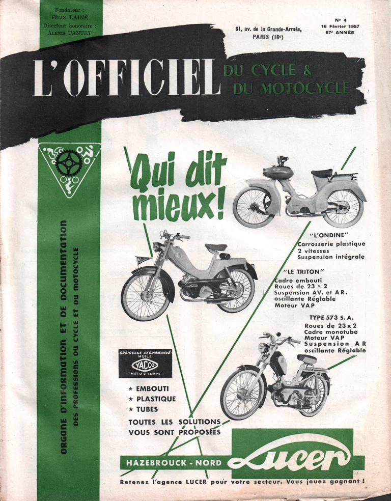 L'Officiel du cycle February 1957 Cover — Lucer Cyclomoteurs, Qui Dit Mieux — page 1 of 1
