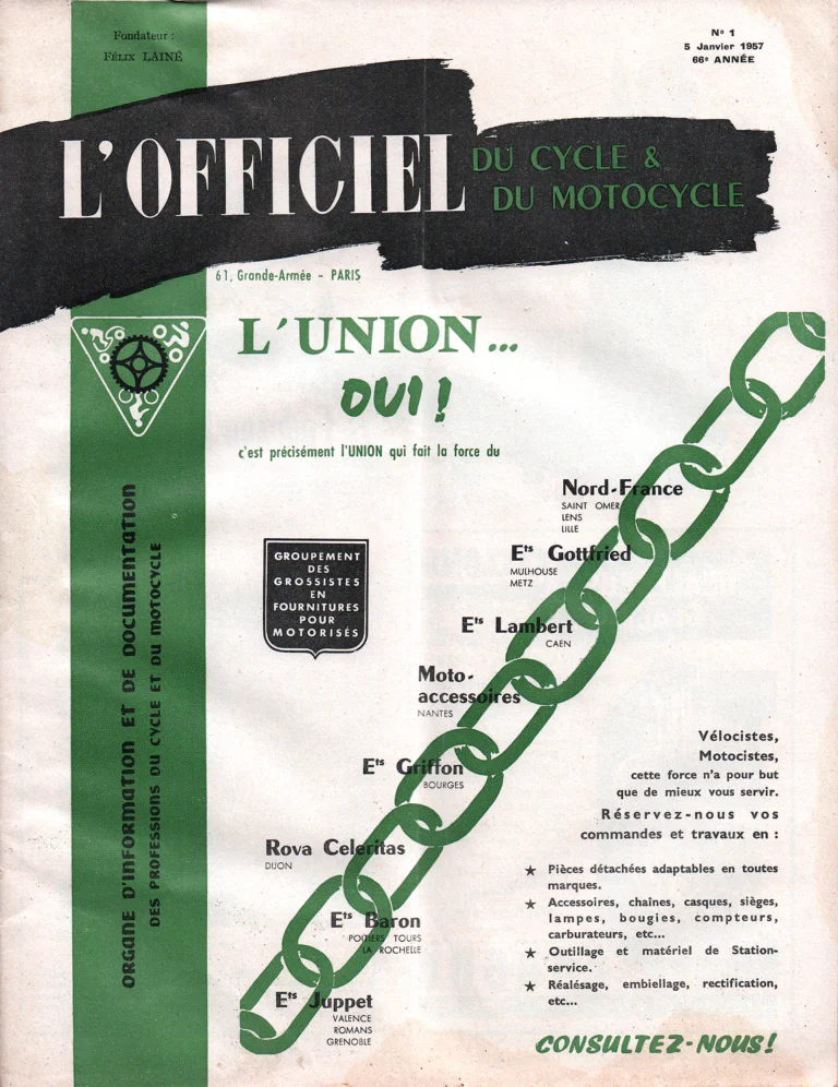 L'Officiel du cycle January 1957 Cover — L'Union... Oui! for the Wholesalers' Group — page 1 of 1