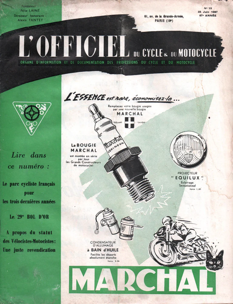 L'Officiel du cycle June 1957 Cover — Marchal Spark Plugs, Equilux Headlamp and Condenser — page 1 of 1