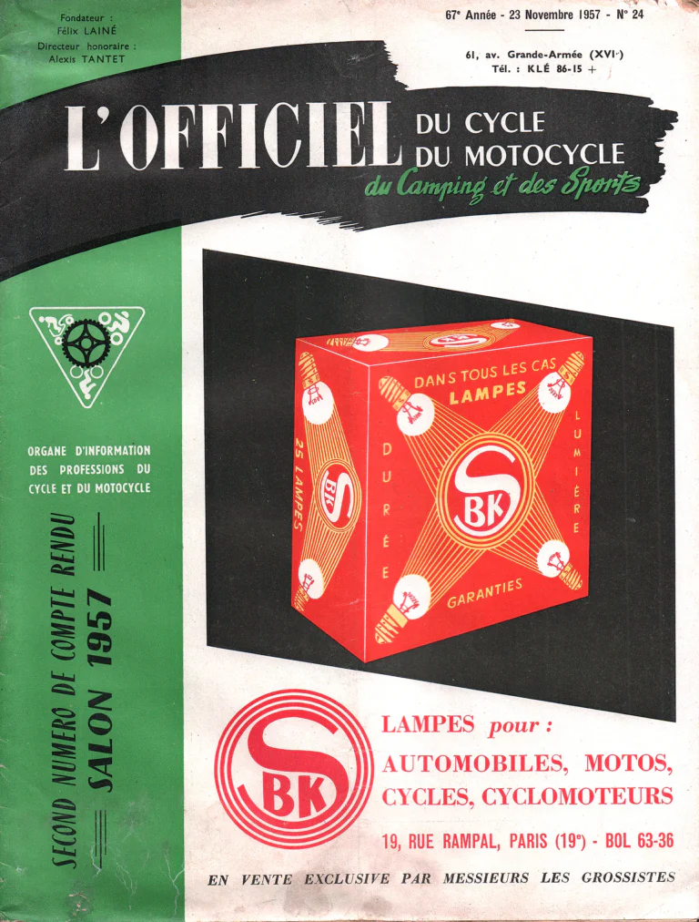 L'Officiel du cycle November 1957 Cover — SBK Lamps, the Second Salon Report Issue — page 1 of 1