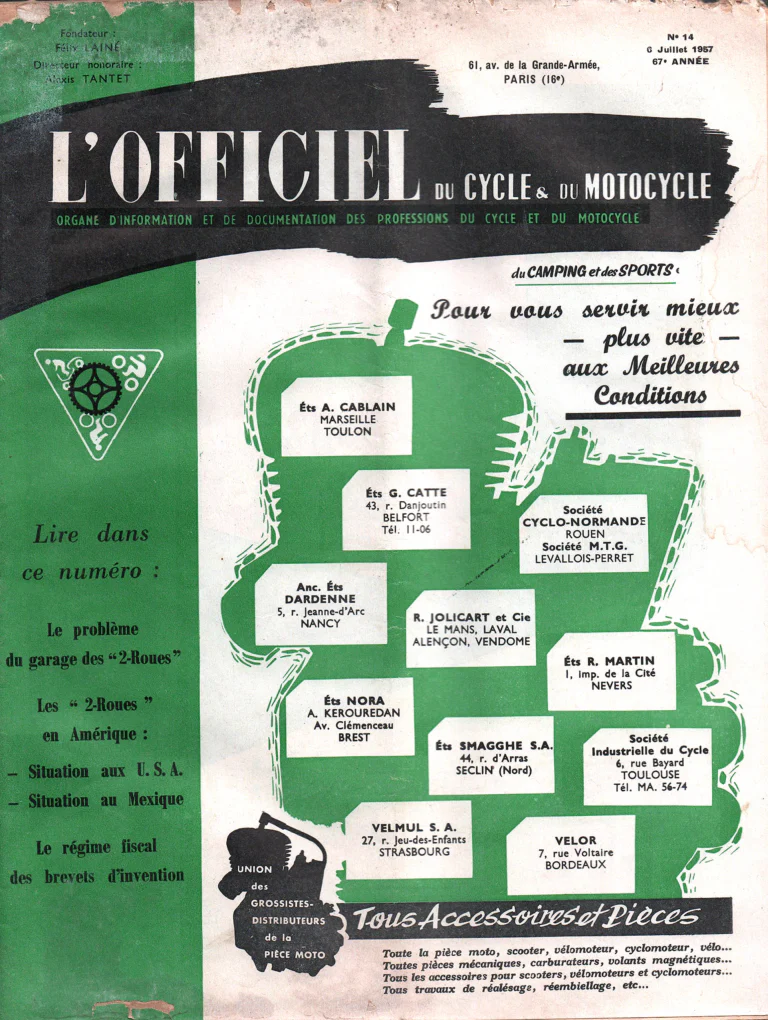 L'Officiel du cycle July 1957 Cover — The Union of Motorcycle-Parts Wholesalers, Its Members — page 1 of 1