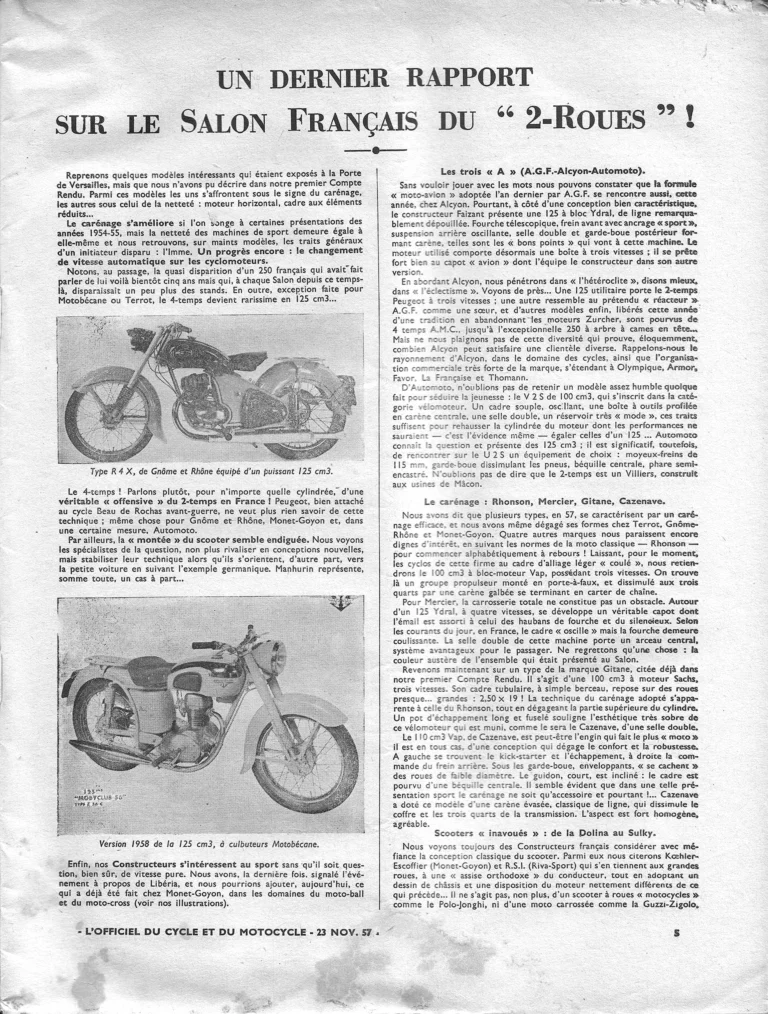 Un dernier rapport sur le Salon français du « 2-Roues » — L'Officiel du cycle, 23 November 1957, by Henri Jones — page 1 of 4