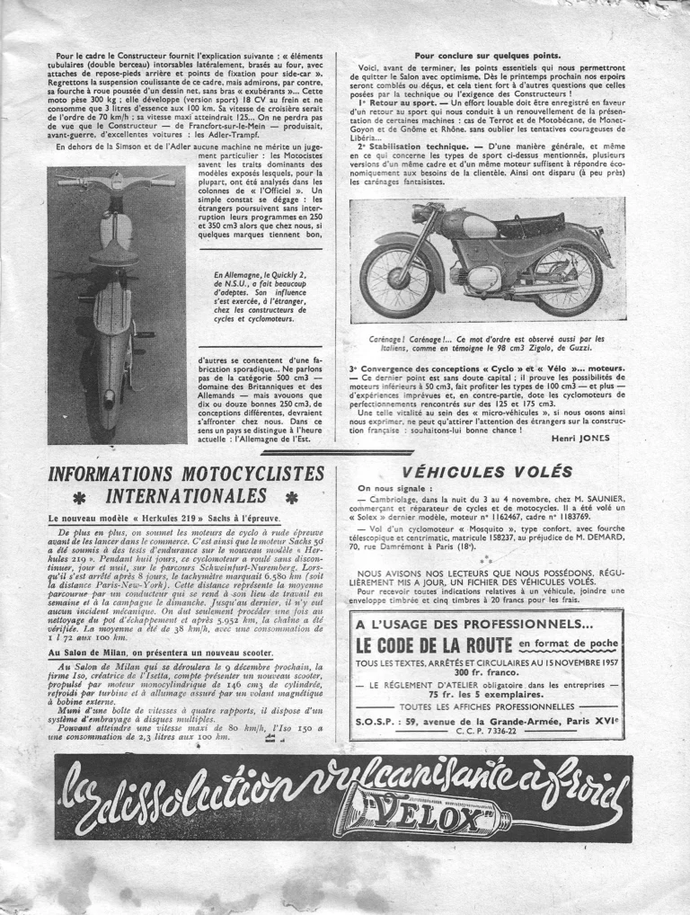 Un dernier rapport sur le Salon français du « 2-Roues » — L'Officiel du cycle, 23 November 1957, by Henri Jones — page 4 of 4